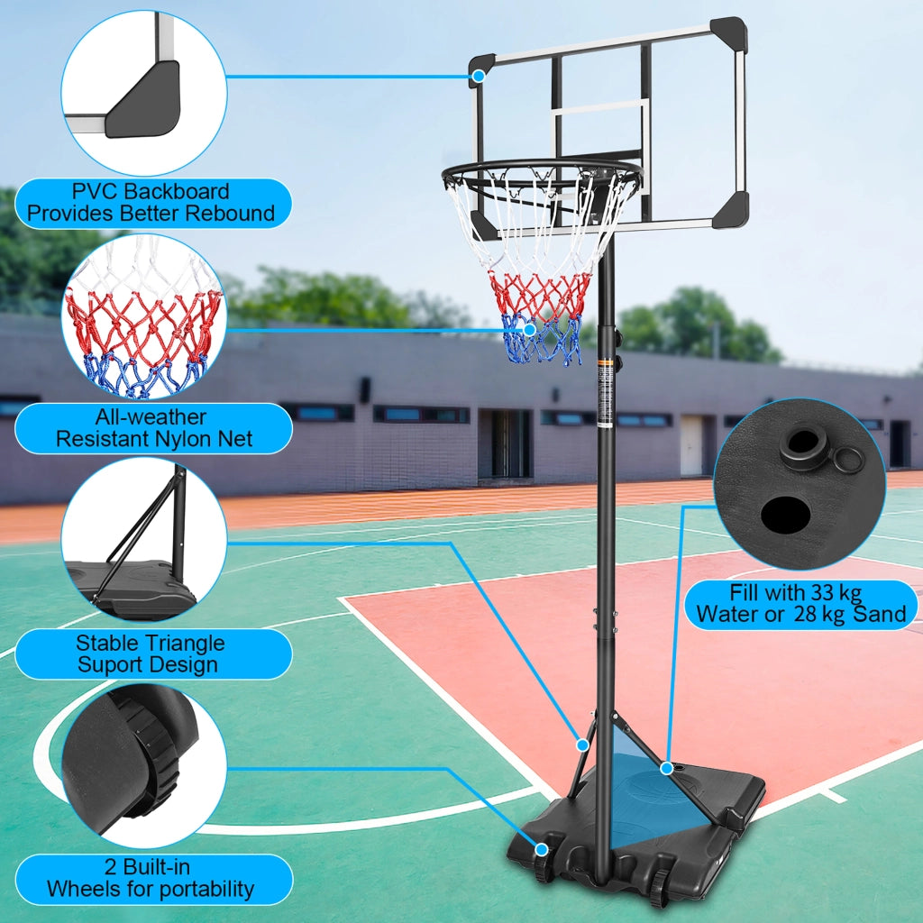 Canestro da basket con altezza regolabile 170–213 cm, ruote, per interno ed esterno, nero