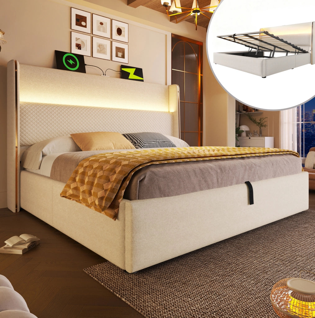 Letto matrimoniale 140x200 cm beige con LED, USB-C e contenitore