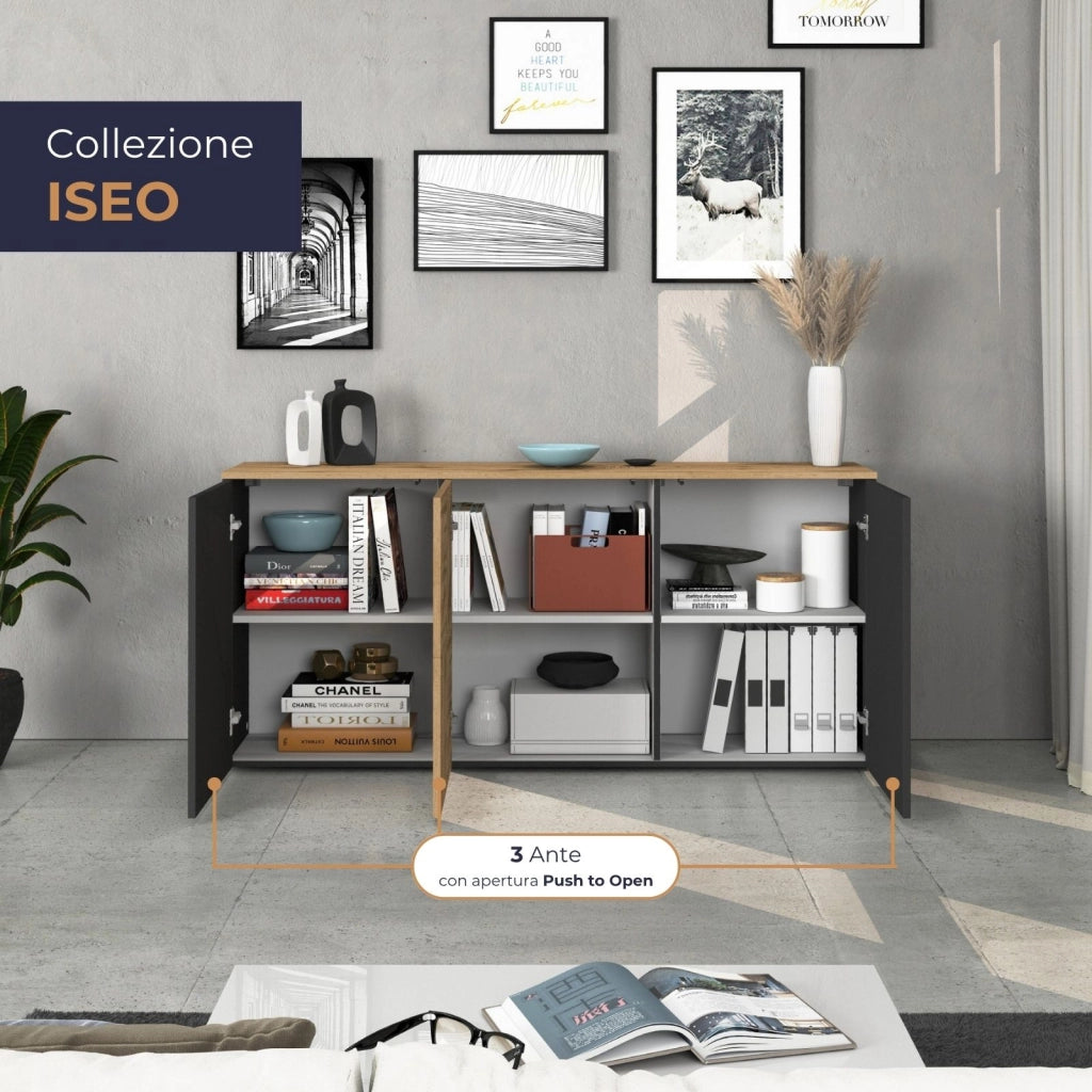 WHOUS Credenza sospesa Iseo con 3 ante e 6 scomparti interni antracite opaco e rovere 150x35x70 cm