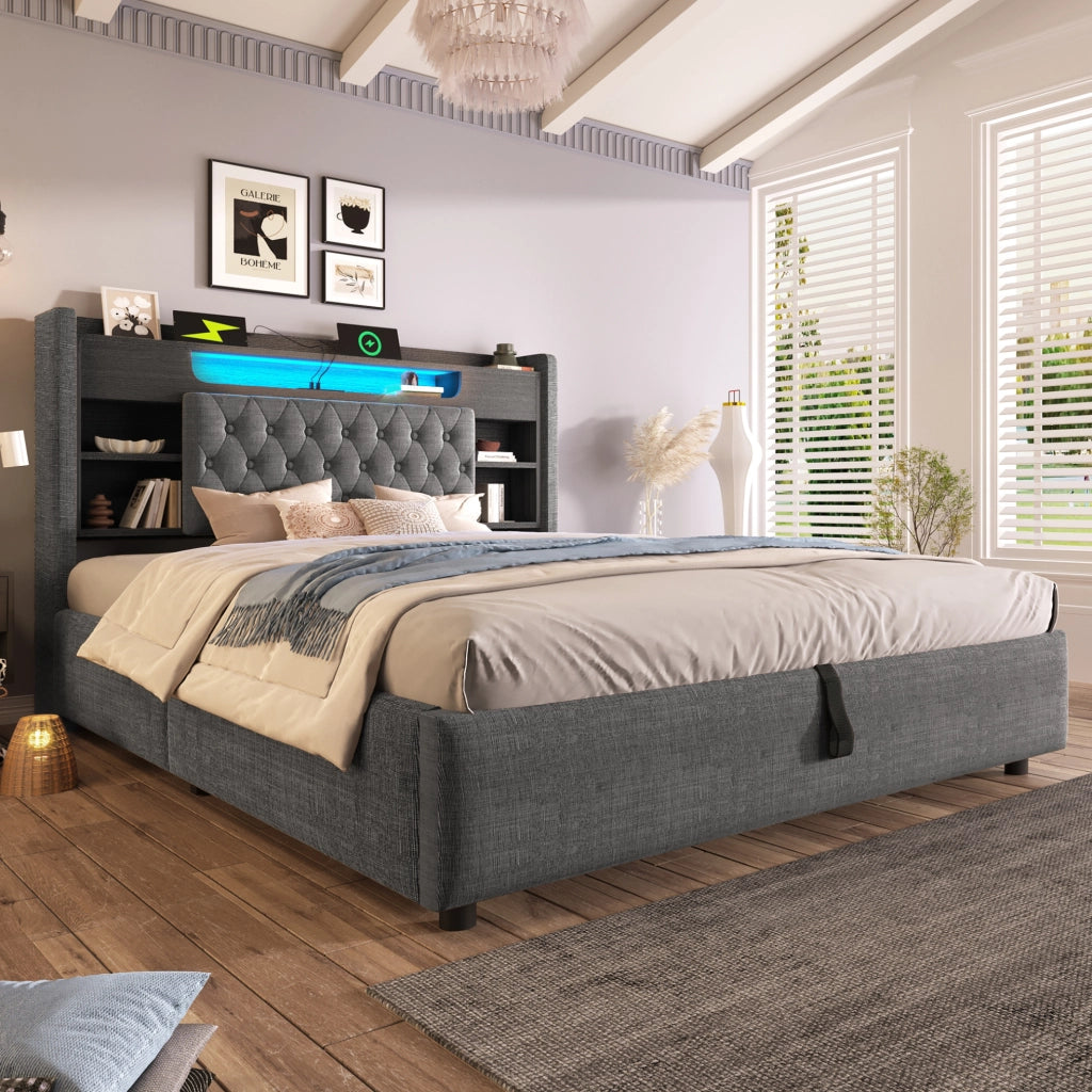 Letto imbottito ULEVR 140x190 cm con contenitore idraulico, LED, USB e USB-C, testiera con ripiani grigio