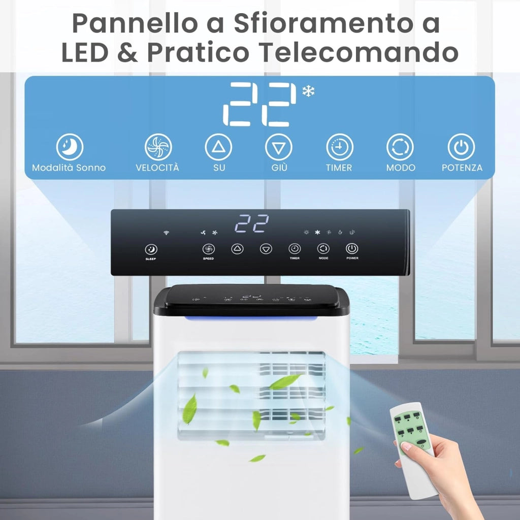 Condizionatore Portatile Caldo e Freddo, 9000BTU/2,6 kW, 5 in 1 con Raffreddamento, Riscaldamento, Ventola, Deumidificazione e Modalità Sonno, 24H Timer, R290