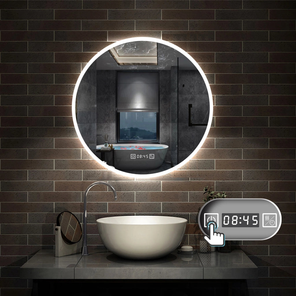 Aica Specchio da bagno a LED+Diametro 80cm+3 Temperature di Colore+Funzione Antiappannamento+orologio