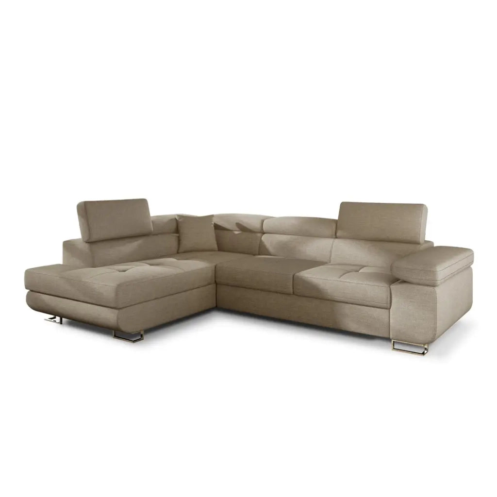 Divano angolare trasformabile MENTON beige in velluto – Angolo sinistro con baule