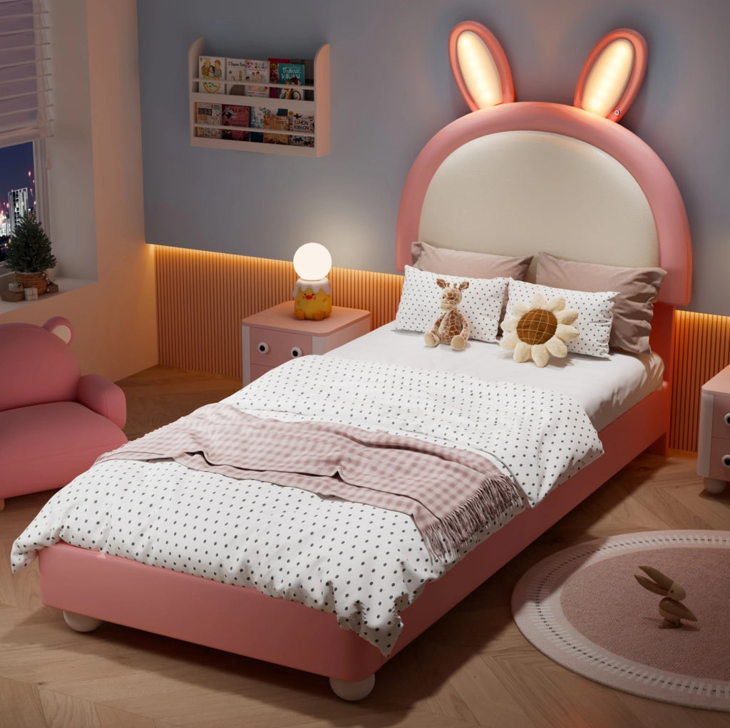 Letto imbottito per bambini 90x200 cm con testiera coniglio e LED rosa e bianco