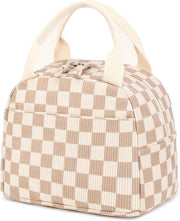 Borsa per picnic per uomo e donna, borsa corduroy per picnic, borsa per cibo isolata e riciclabile, grande capacità, borsa per cibo isolata e riciclabile per lavoro, picnic o viaggio, beige e marrone a quadri.