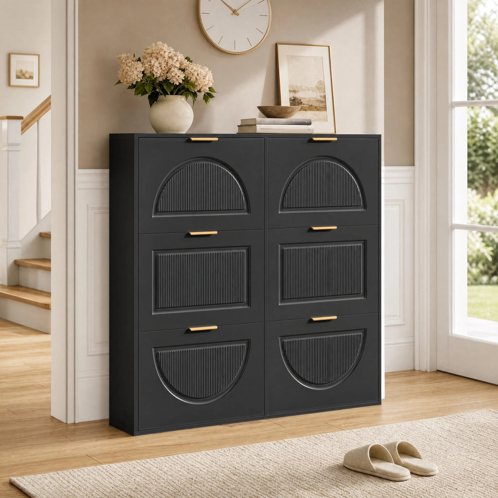 Armadio portascarpe con 6 ribalte; design curvo; 118x25x115 cm; MDF nero