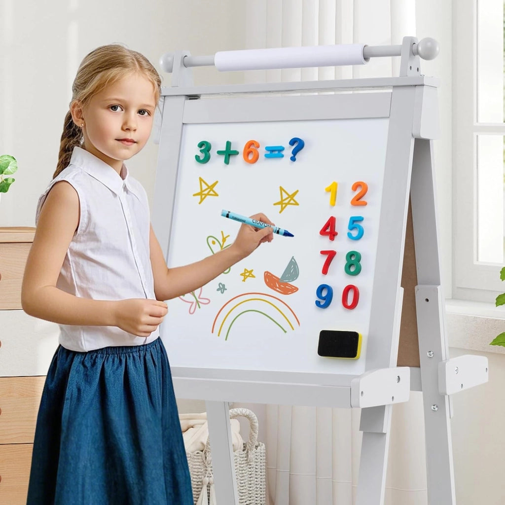 Lavagna per Bambini 3 in 1, Lavagna Magnetica con Lavagna Bifacciale, Rotolo di Carta, Vassoi Portaoggetti e 3 Bicchieri per Pittura, Cavalletto in Legno per Bambini 3+ Anni (Grigio)