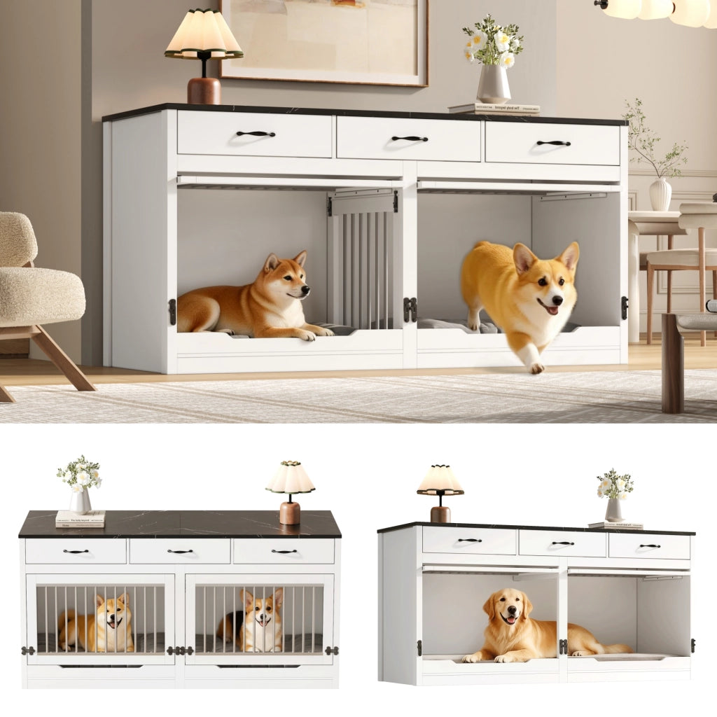 Cuccia per cani in legno e metallo con sportello ribaltabile, divisorio removibile e 3 cassetti, bianco e nero