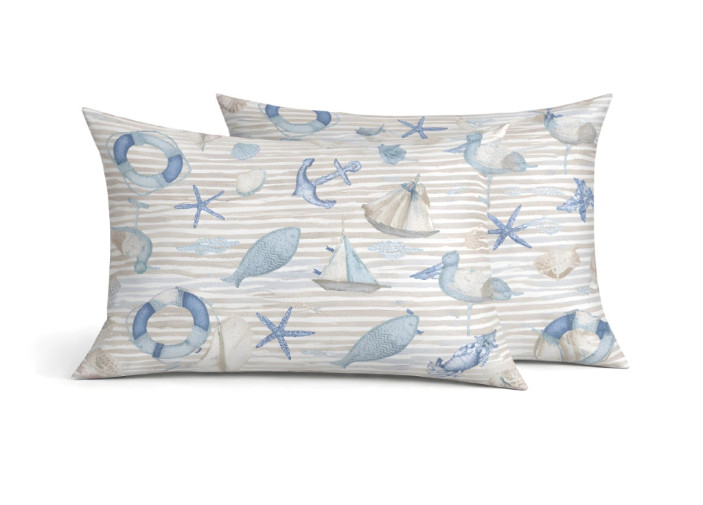 Coppia Federe Cuscino Letto Con Bottoni Laterali 100% Cotone Disegno Mare GI - Federe - Beige
