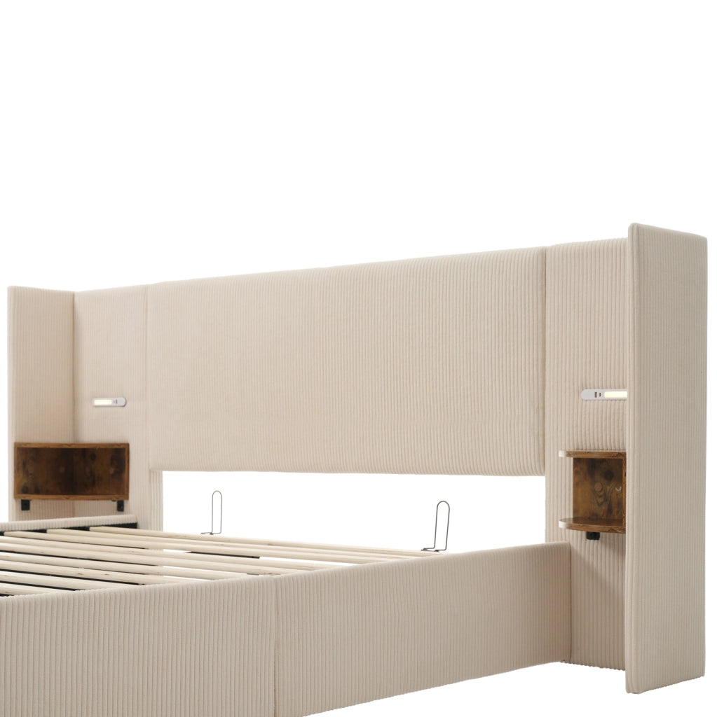 Letto matrimoniale 180x200 cm con contenitore; testiera con mensola e luce LED; tessuto corduroy beige