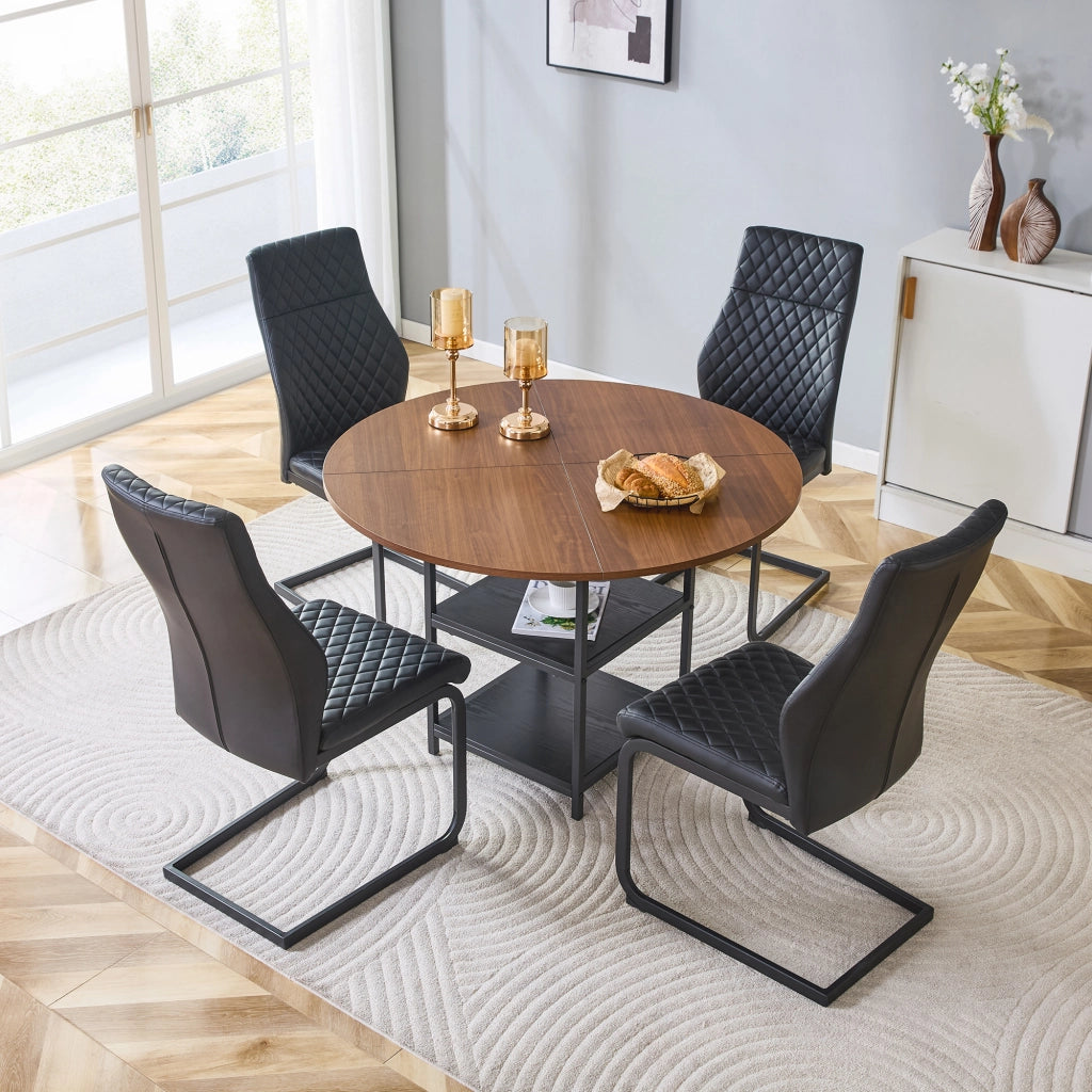 Tavolo da pranzo rotondo con doppio piano d’appoggio e 4 sedie in pu nero, metallo e mdf, 107 cm × 75 cm