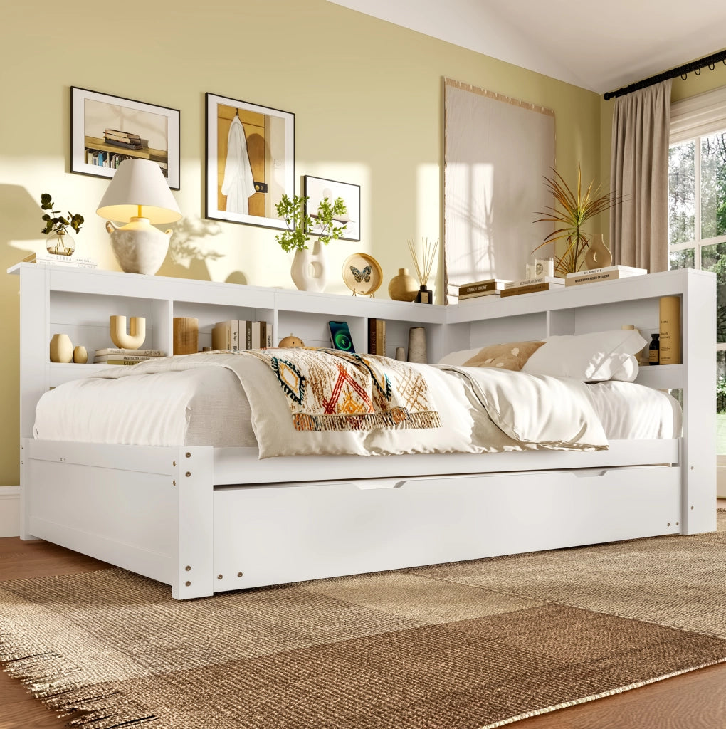 Divano letto bianco 140x200 cm con letto estraibile, prese USB e 2 cassetti