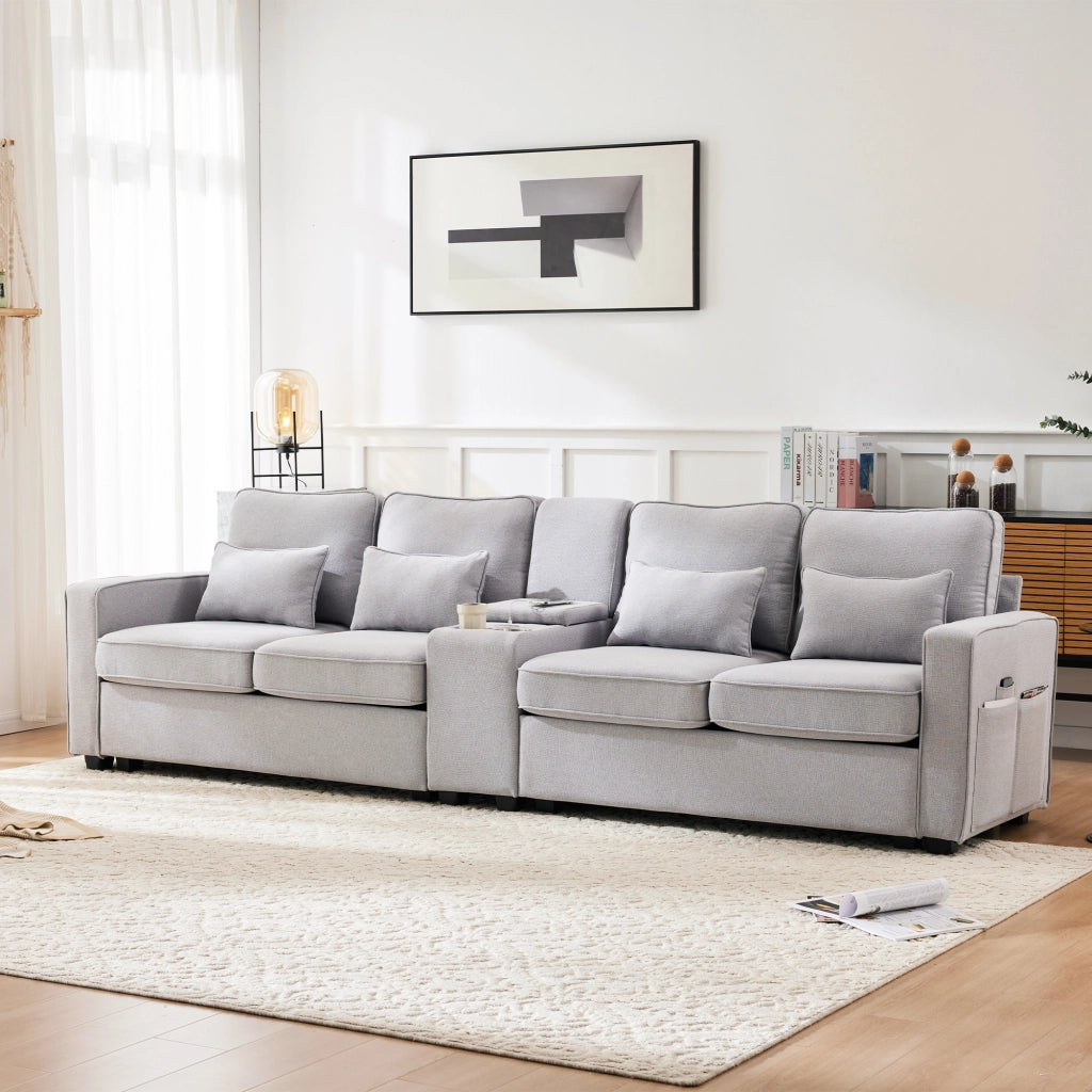 Divano 4 Posti in Tessuto con Cuscini, Braccioli e Portabicchieri ¨C MINIMAL ¨C Beige/Grigio