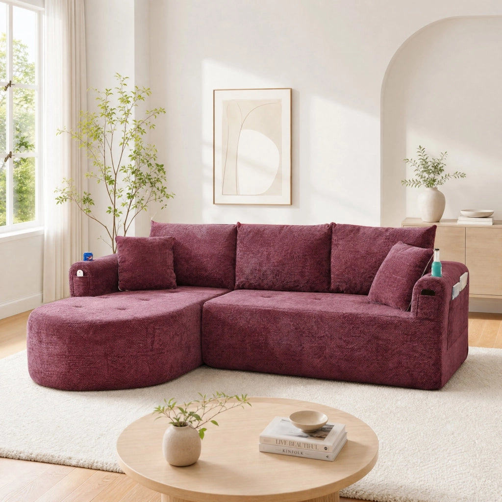 Divano angolare a L modulare con portabicchieri e tasche laterali in tessuto Rosso bordeaux