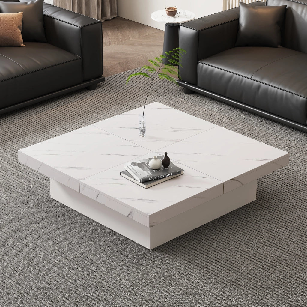 TAVOLINO DA SALOTTO 90 x 90 x 25 cm Bianco effetto marmo con 4 cassetti