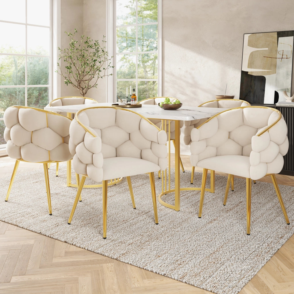 Tavolo da pranzo per 6 persone con 6 sedie, stile moderno, in MDF, metallo e velluto, beige e oro, 140 × 80 × 75 cm