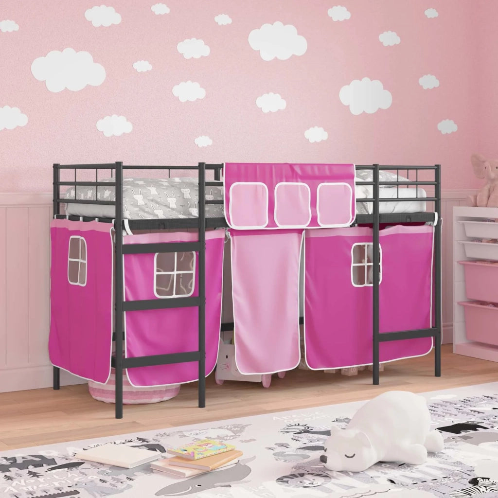 Struttura del Letto Loft per Bambini | Letto Infantile | Lettino con Tendine Nero e rosa