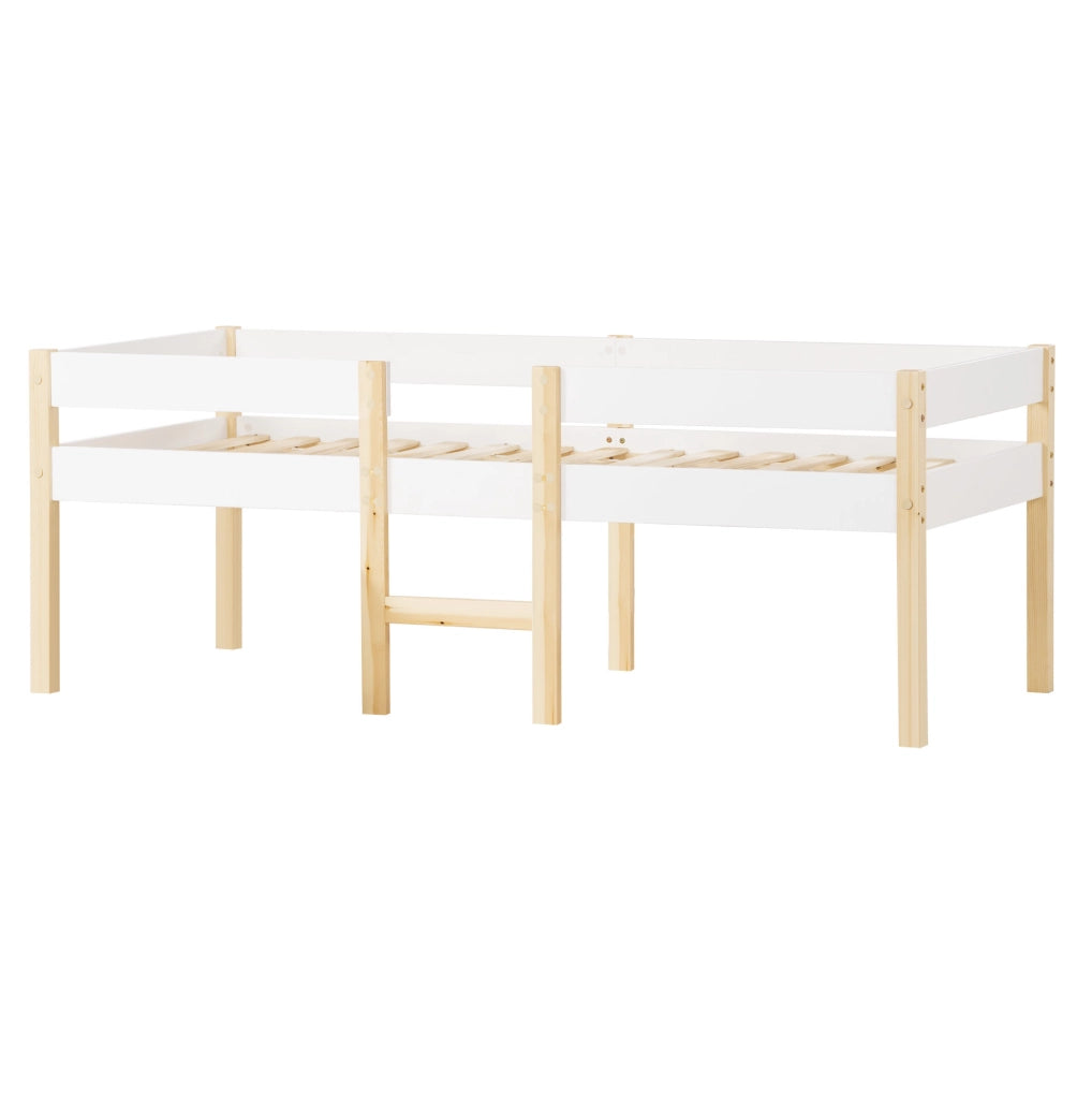 Letto per bambini 90x190 cm semi alto con cassetti e barriera; legno bianco (Senza materasso)