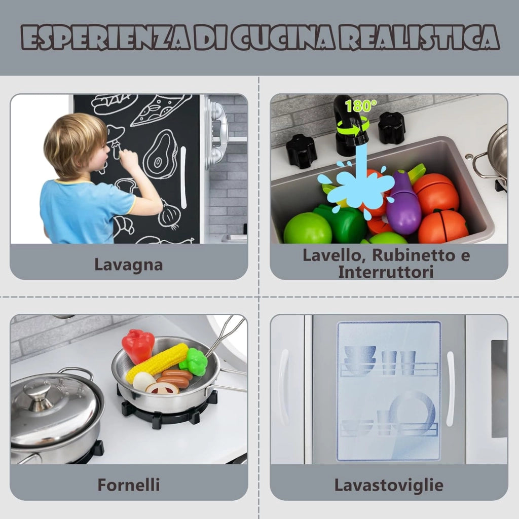 Cucina Giocattolo per Bambini, Cucina Legno per Bambini con Lavagna, Telefono, Microonde e Macchina per Ghiaccio, con Accessori e Suoni Realistici, per 3-6 Anni (Bianco)