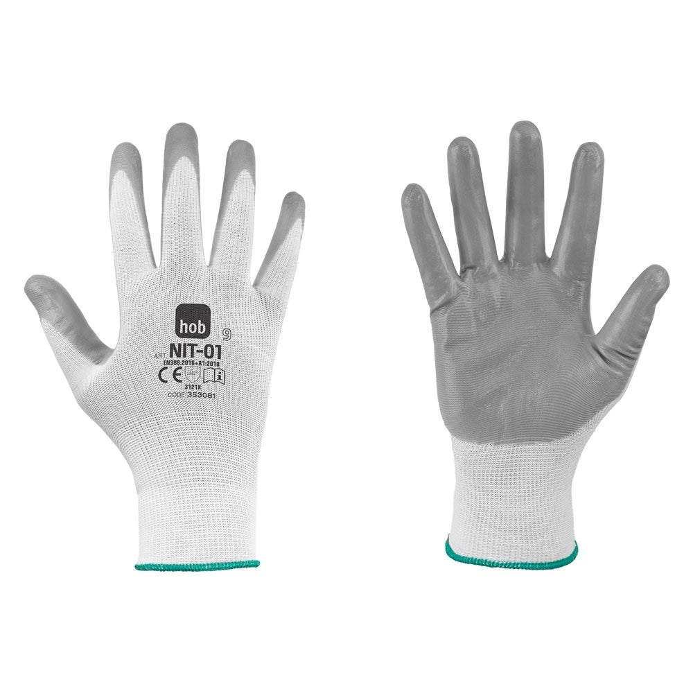 GUANTI NITRILE/POLIESTERE 'NIT-01 HOB SPECIAL' Tg. 9 - colore bianco/grigio- 12 coppia  - NERI