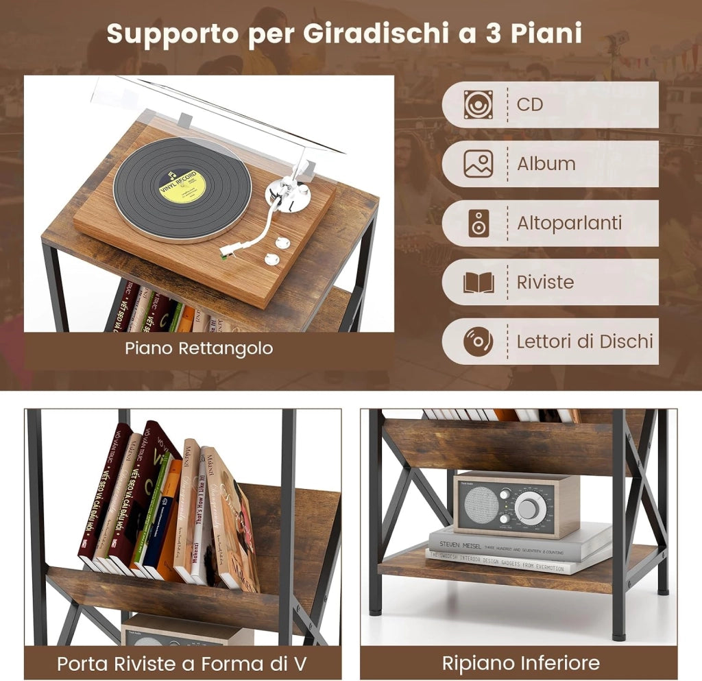 Tavolino da Divano a 3 Livelli con Ripiani, Tavolino da Salotto Industriale con Ripiano a V Traverse e Piano Liscio, Tavolino Robusto per Soggiorno, Camera da Letto e Ufficio, Marrone