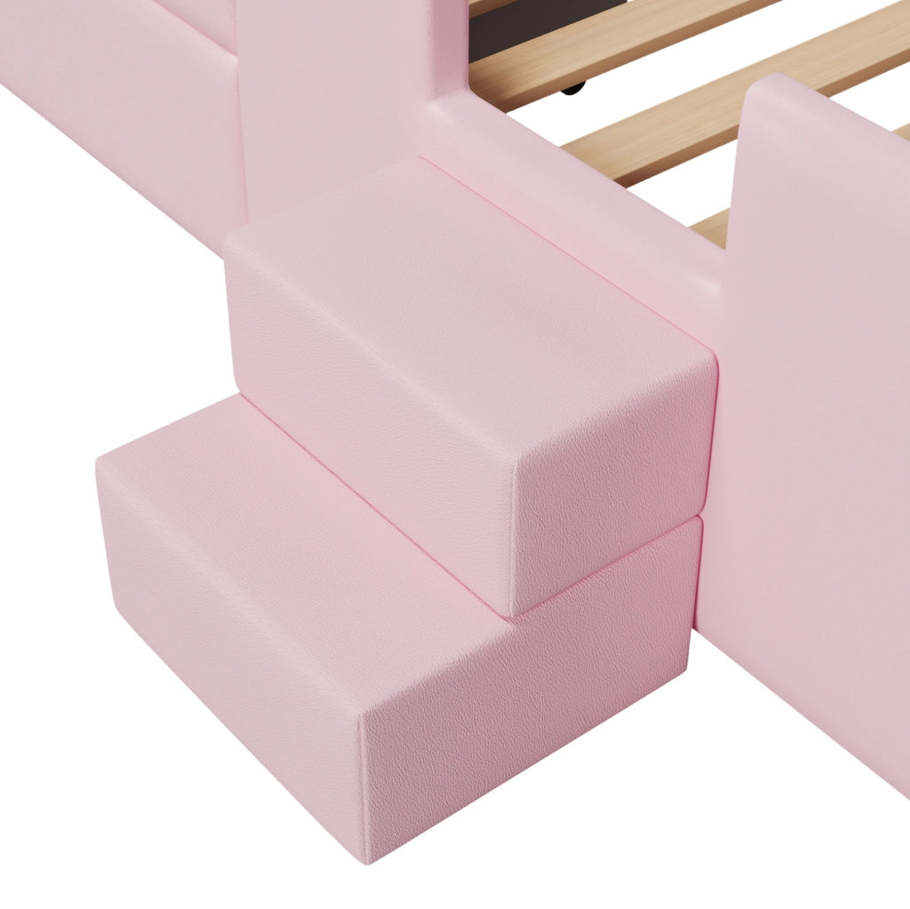 Letto piattaforma imbottito 90x200 cm rosa con cassetti, scala, luci LED e porte USB