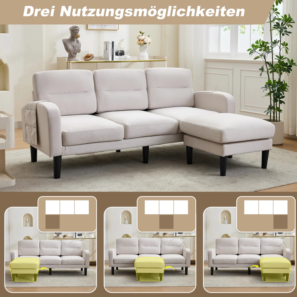 Divano angolare modulare 3 posti con chaise longue e tasche laterali beige 204x136 cm
