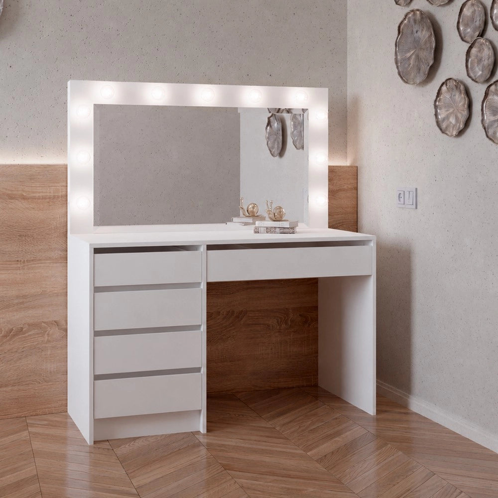 Toeletta trucco Elite bianca con specchio 5 cassetti e lampadine LED 120x55x150H