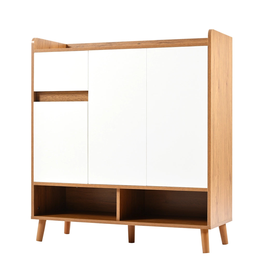 Scarpiera 90x35x99 cm con ripiani regolabili; pannello truciolare bianco e naturale