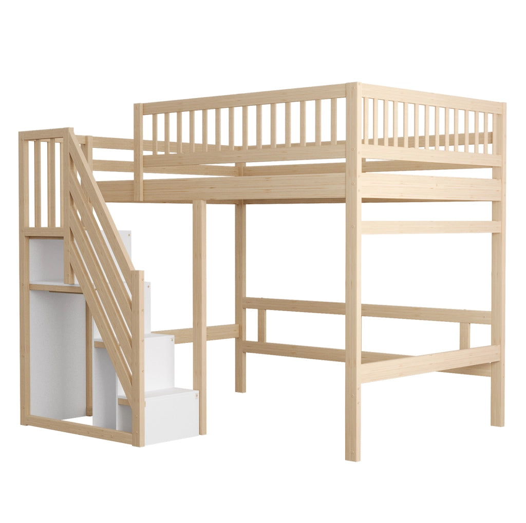 Letto in Legno Massello 140x200 cm con Scala Contenitore e Sponda Alta, Letto Bambini e Ragazzi Colore Legno
