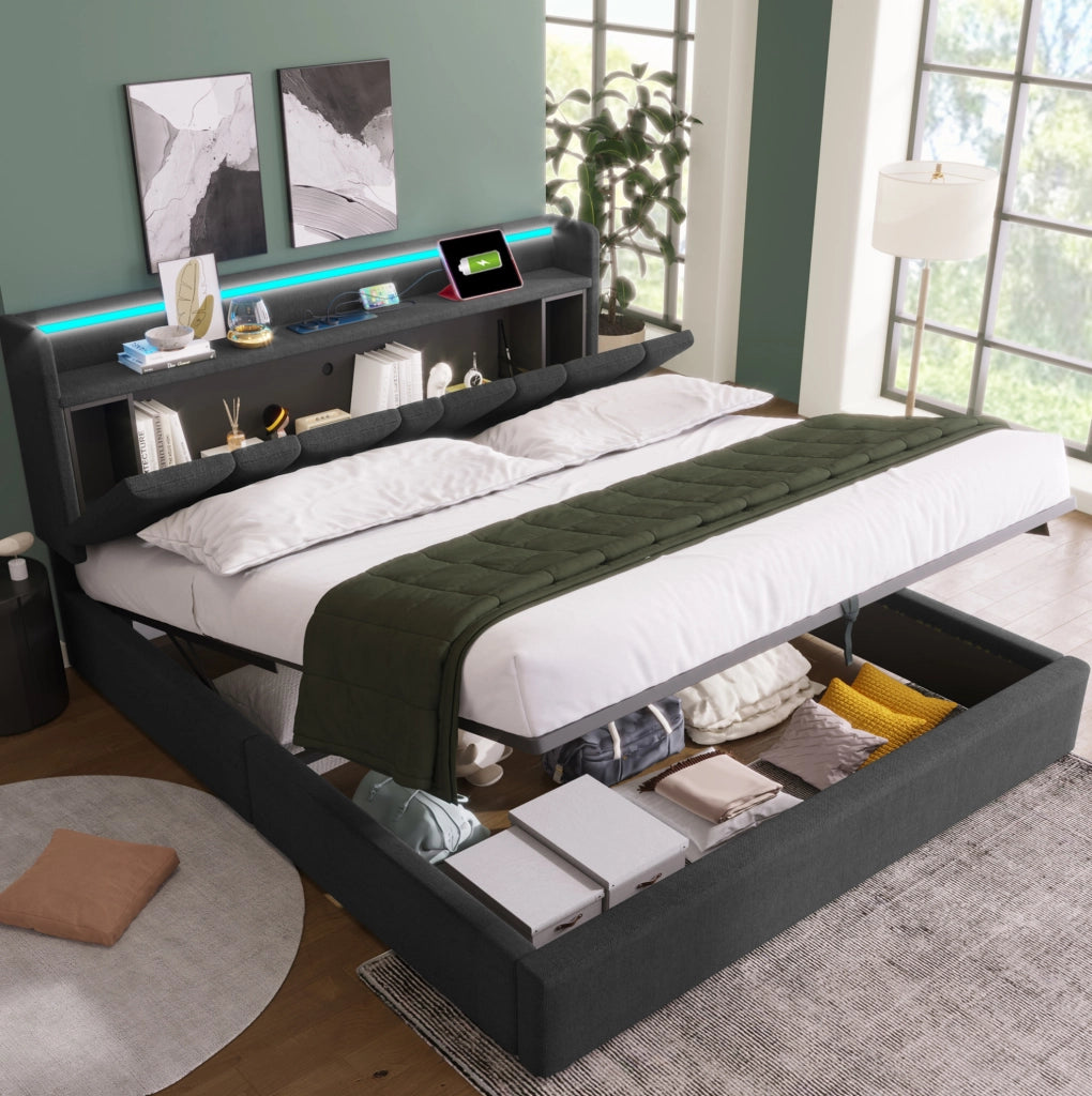 Letto matrimoniale imbottito 140x200 cm con testiera contenitore; LED RGBW e prese USB Type-C; grigio