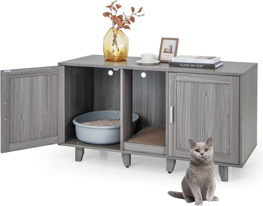 Mobile Lettiera per Gatti con 2 Ante, Armadio per Gatto in Legno con Ingresso Centrale e Tiragraffi, Grotta Rifugio Multiuso per Soggiorno e Camera da Letto, 120 x 52 x 65 cm (Nero)