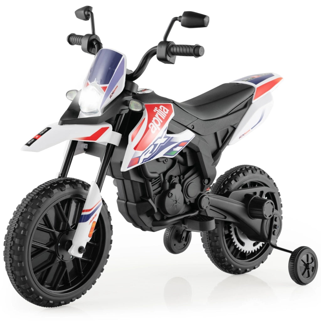 Moto cavalcabile per bambini con licenza aprilia e 2 ruote aggiuntive, Moto elettrica 12V con musica Bianco-Moto elettriche
