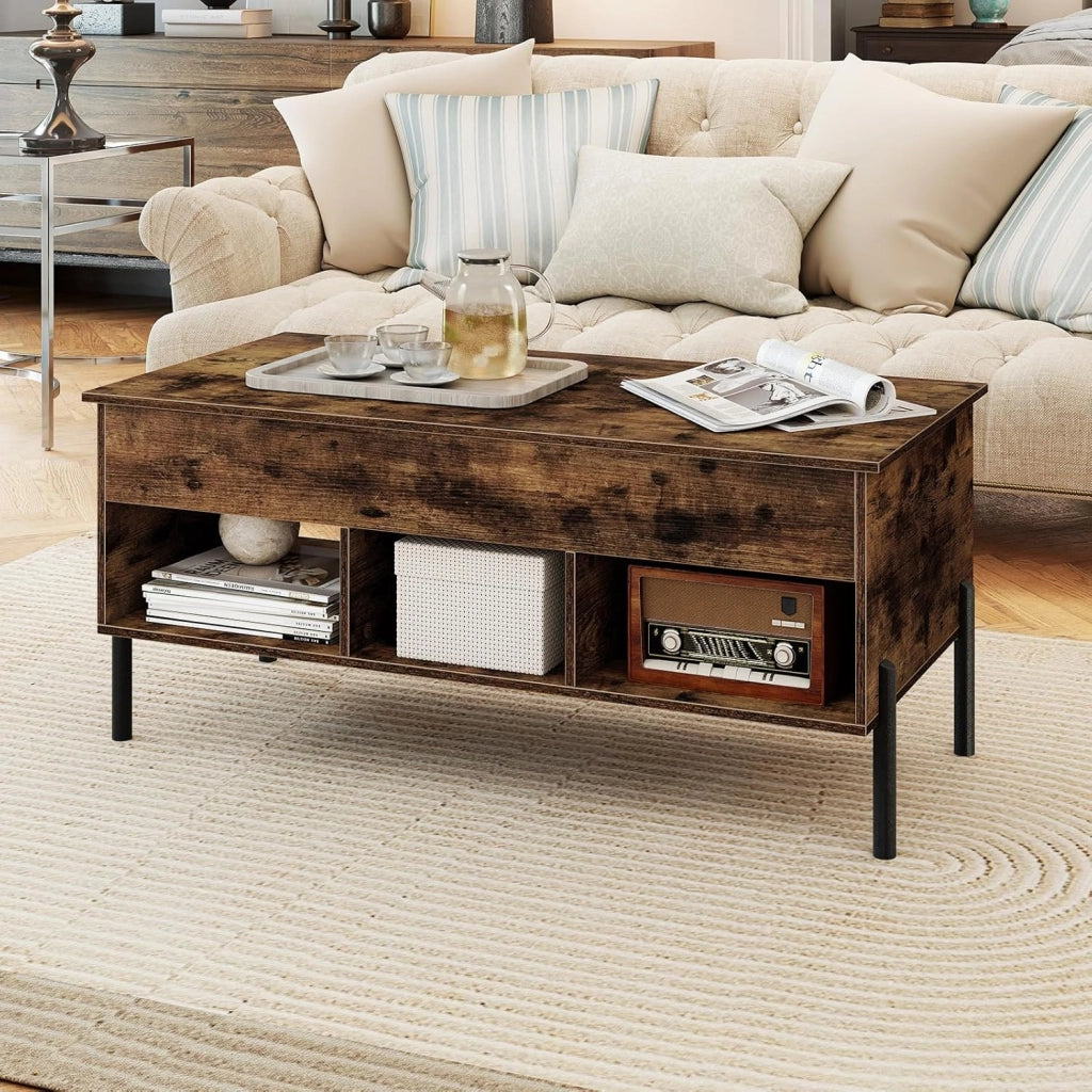 Tavolino da Caffè Sollevabile, Tavolino da Salotto con Piano Regolabile in Altezza, Scomparti e Piedini Antiscivolo, Design Moderno, per Soggiorno, Camera da Letto, Studio (Marrone)