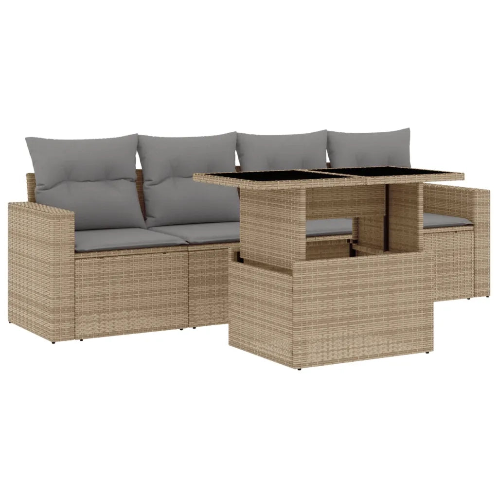 Set Divano da Giardino 5 pz con Cuscini Beige in Polyrattan