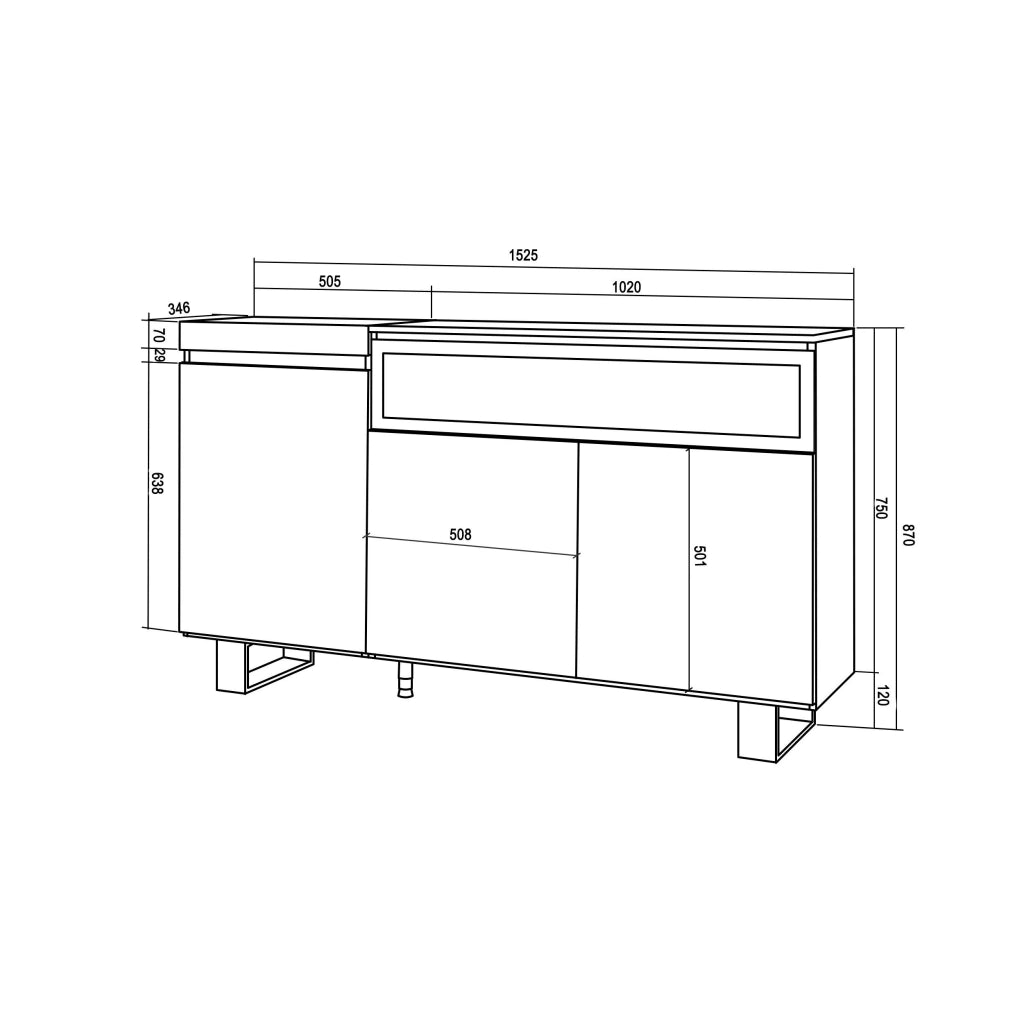 Credenza, Mobile, 150x35x87cm, 3 Porte, Camino elettrico, Design industriale, Bianco e nero RF2507