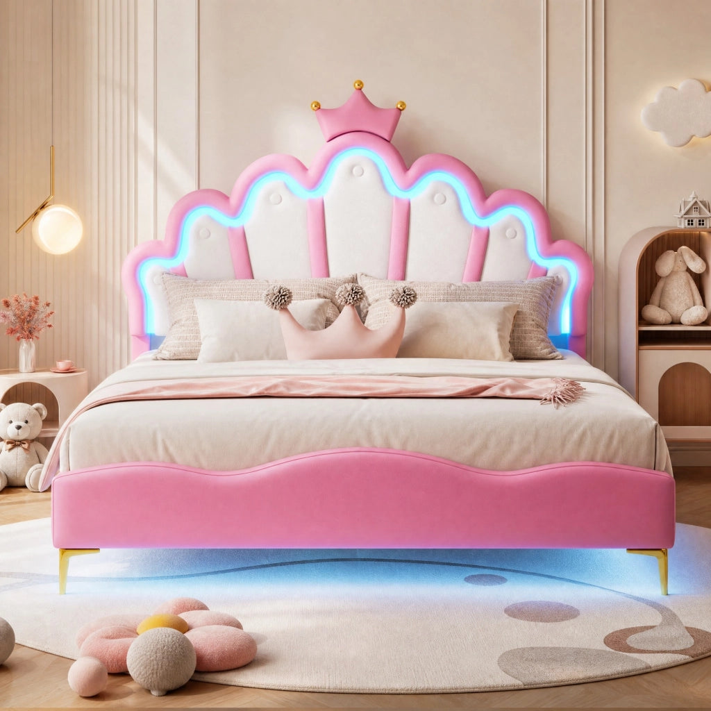 Letto matrimoniale 140x200 cm con testiera a corona, illuminazione LED e rivestimento in PU rosa