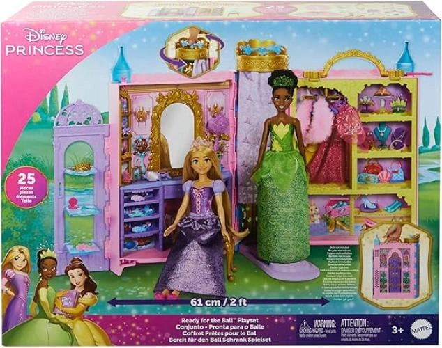 Bambola-Disney Princess - Guardaroba da Favola, playset armadio apribile fino a 60cm con 2 abiti e 25 accessori, specchi