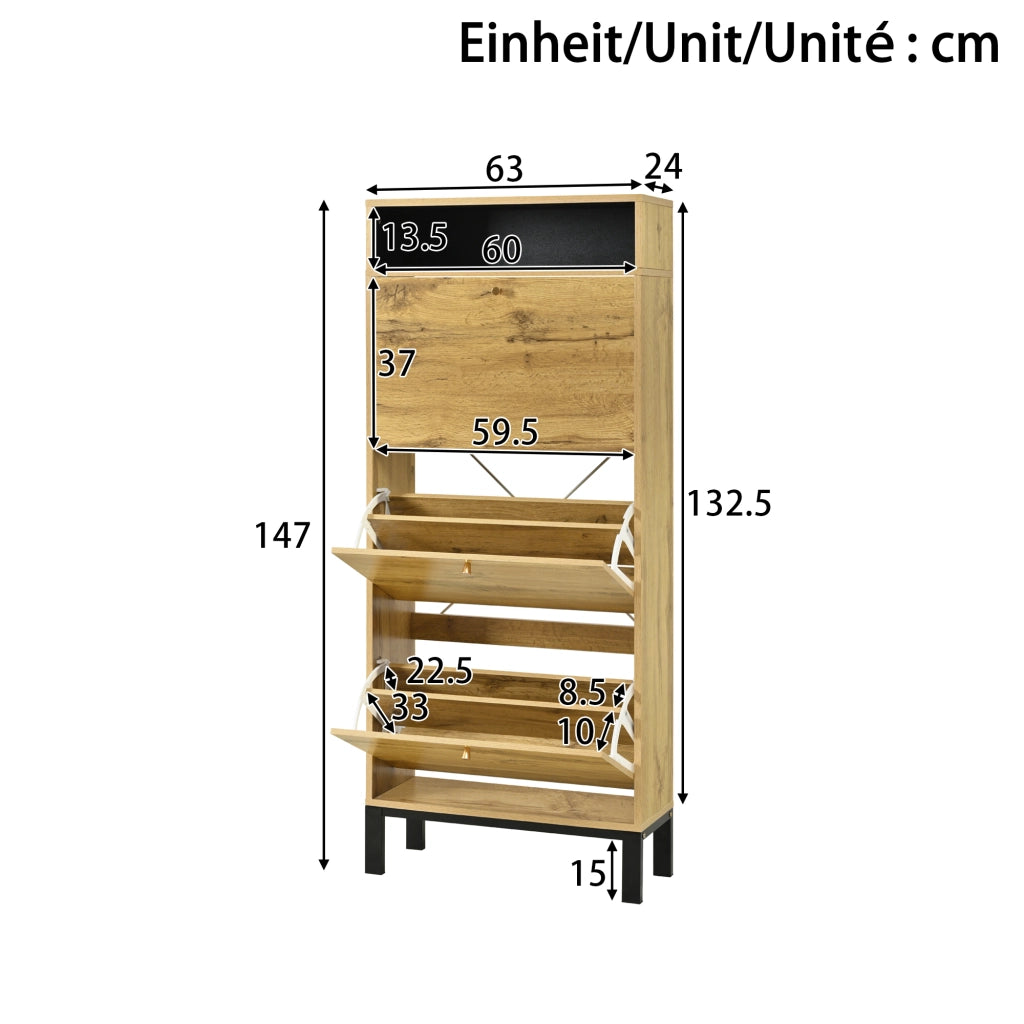 Mobile Scarpiera con 3 Ante a Ribalta e Vani Aperti; Stile Japandi; in MDF; 63×24×147 cm; Naturale