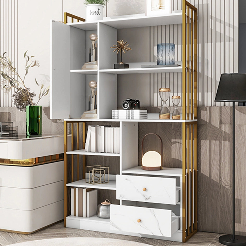 Libreria con ripiani aperti; cassetti e armadietti 100 x 30 x 173;5 cm; bianca e oro