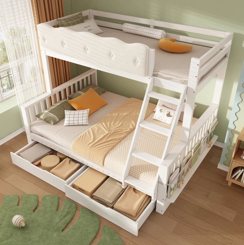 Letto a castello per bambini e adulti 90x200/140x200 cm in legno bianco con cassetti e portariviste