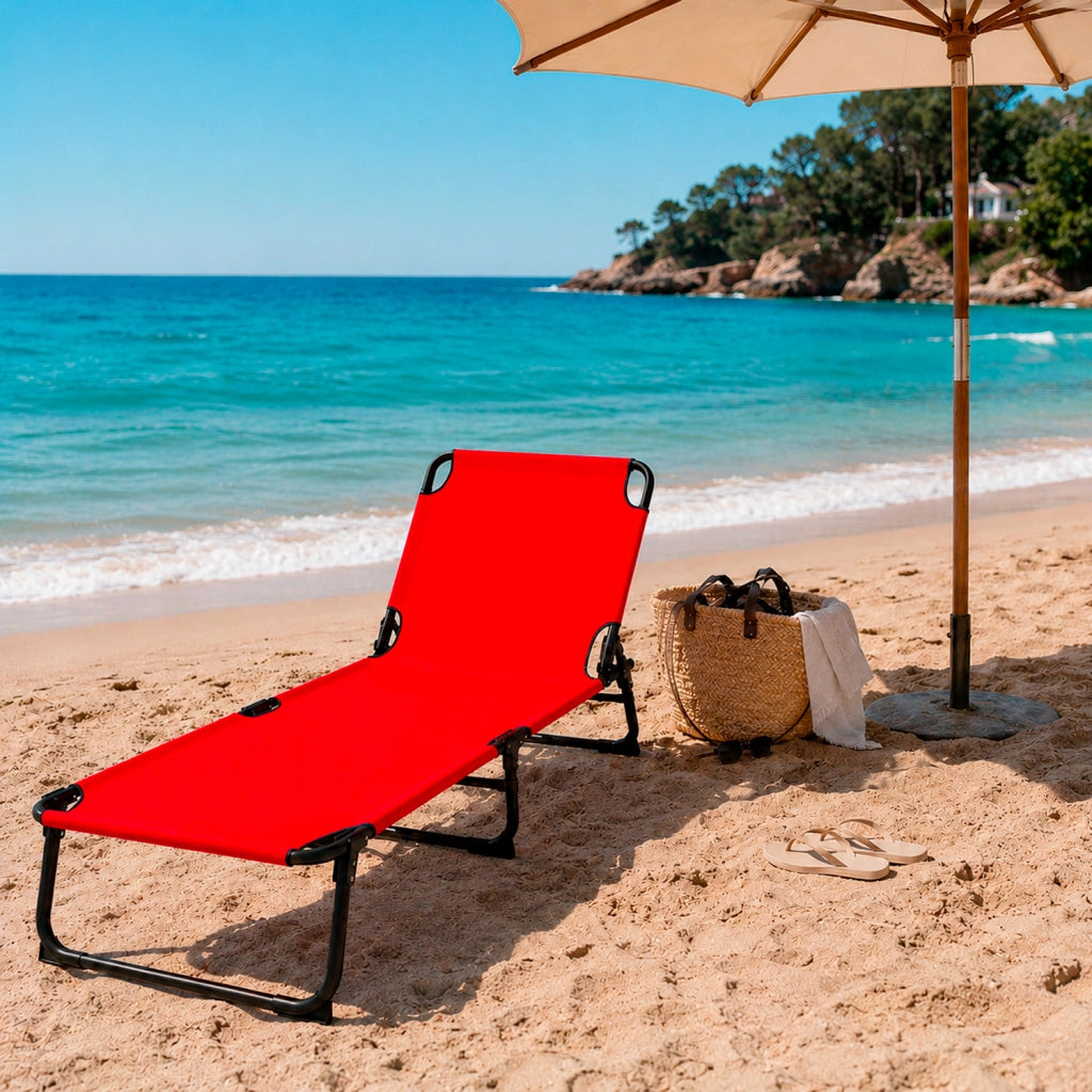 Lettino Sdraio Pieghevole Prendisole Con Schienale Reclinabile Regolabile Telaio In Metallo Nero Per Mare Piscina Giardino 187 x 53 x 24 Cm Rosso