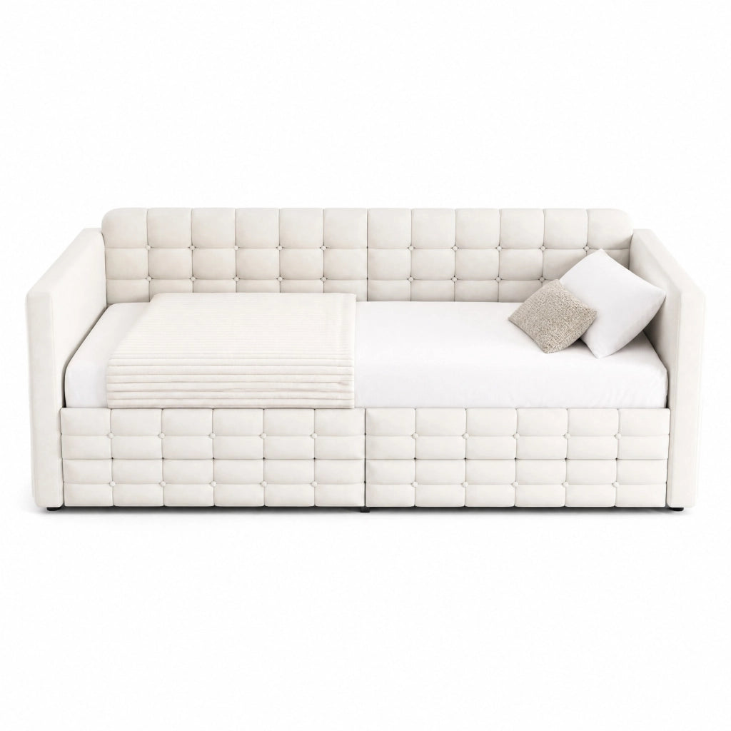 Letto imbottito 90x190 cm con contenitore, tasche laterali, 2 cassetti, tessuto effetto velluto, beige