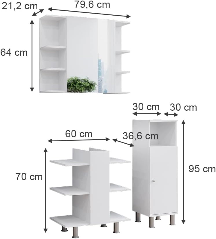 Set mobili bagno Fynn, Bianco, 79.6 cm, composto da mobile sottolavabo, specchiera e mobile medio
