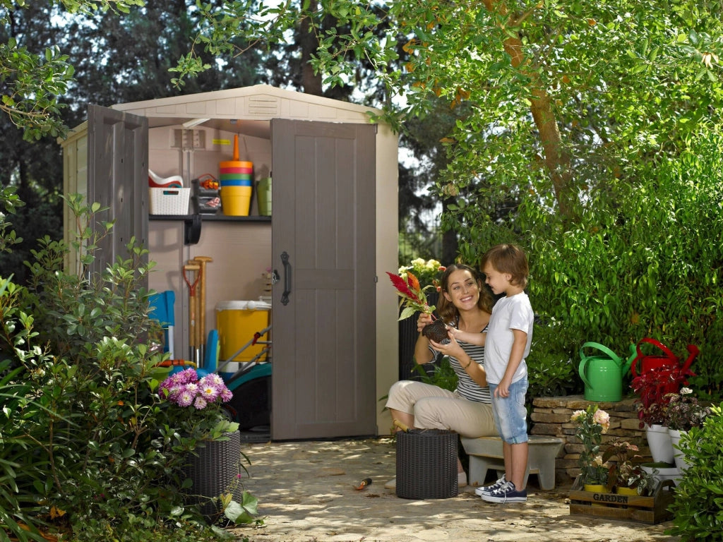 Casetta da giardino Weyburn, Capanno da esterno, Rimessa da giardino, Ripostiglio per attrezzi, 178x196 h208 cm, Beige