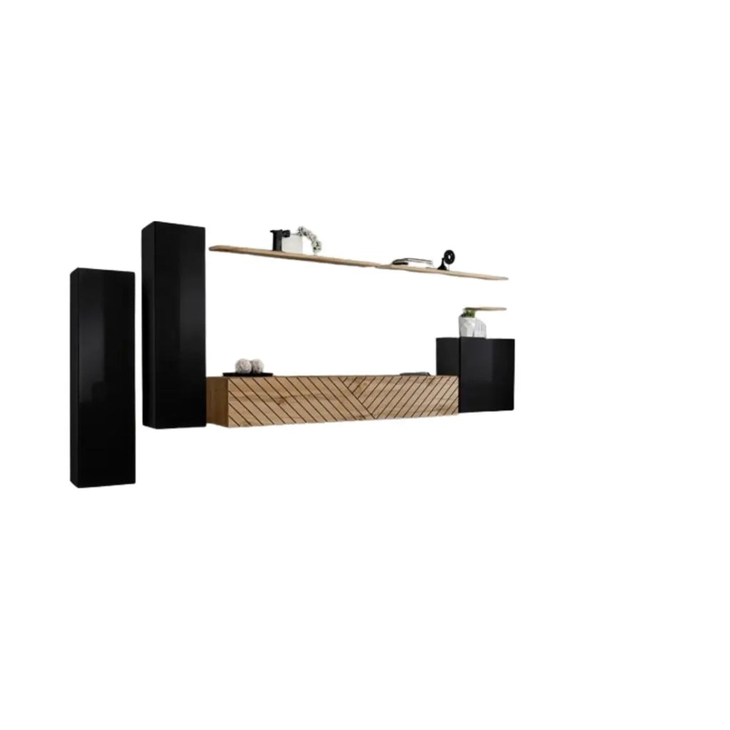 Insieme mobile soggiorno SWITCH I – Nero e Quercia Wotan – Finiture effetto quercia fresata – Design moderno