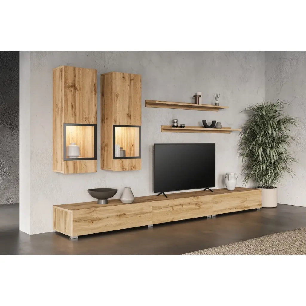 Set mobili da soggiorno RAMOS – Rovere dorato e nero – Design contemporaneo senza LED