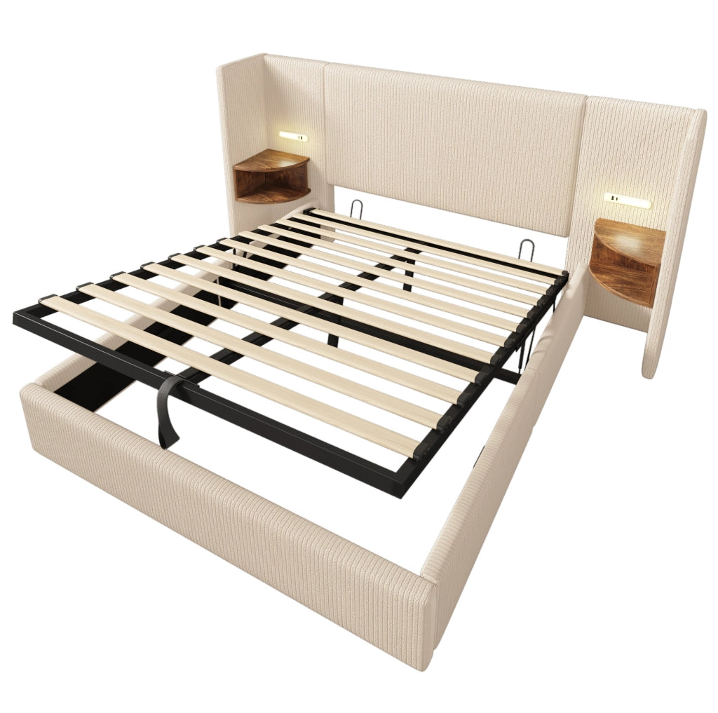 Letto matrimoniale 160x200 cm in tessuto corduroy beige con contenitore; lampada e USB-C
