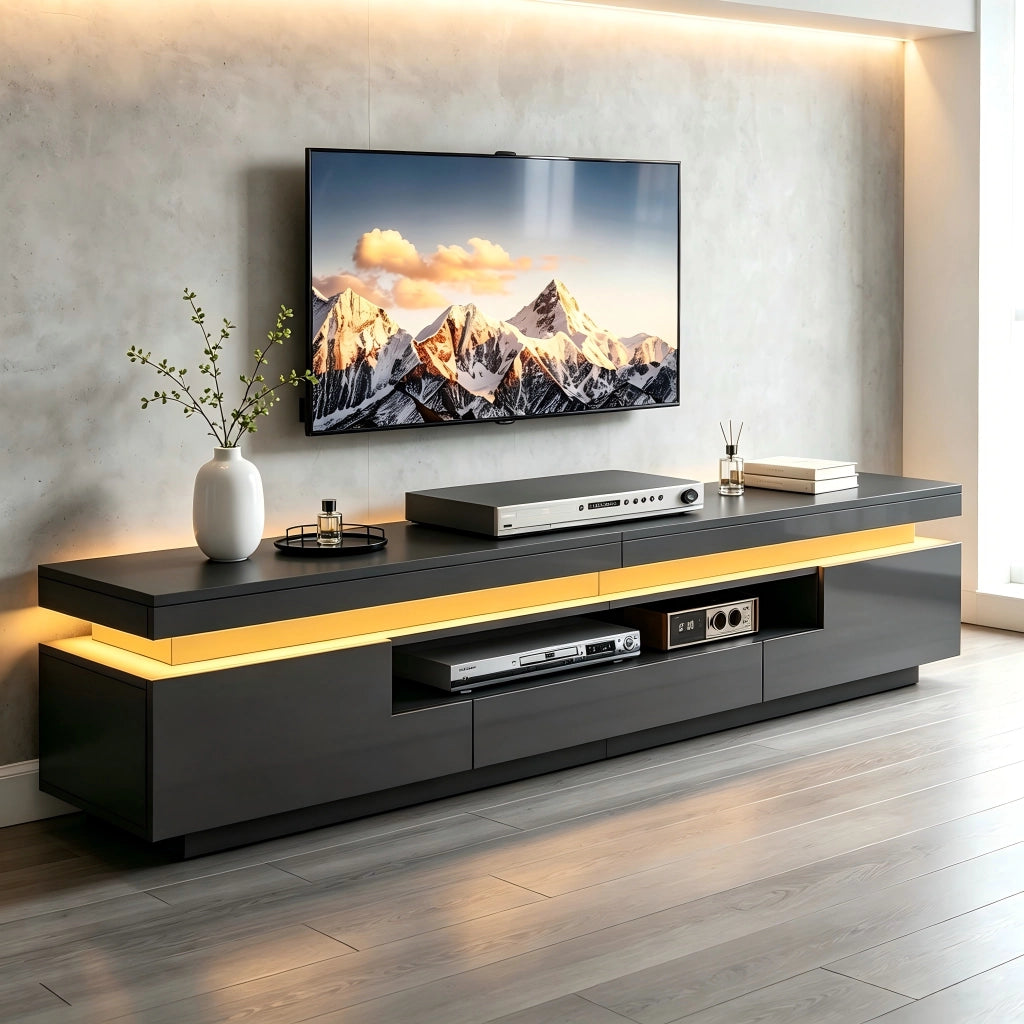 Mobile porta TV con LED 2 ante a L 1 cassetto e vano semichiuso per soggiorno nero 175 × 38 × 45 cm