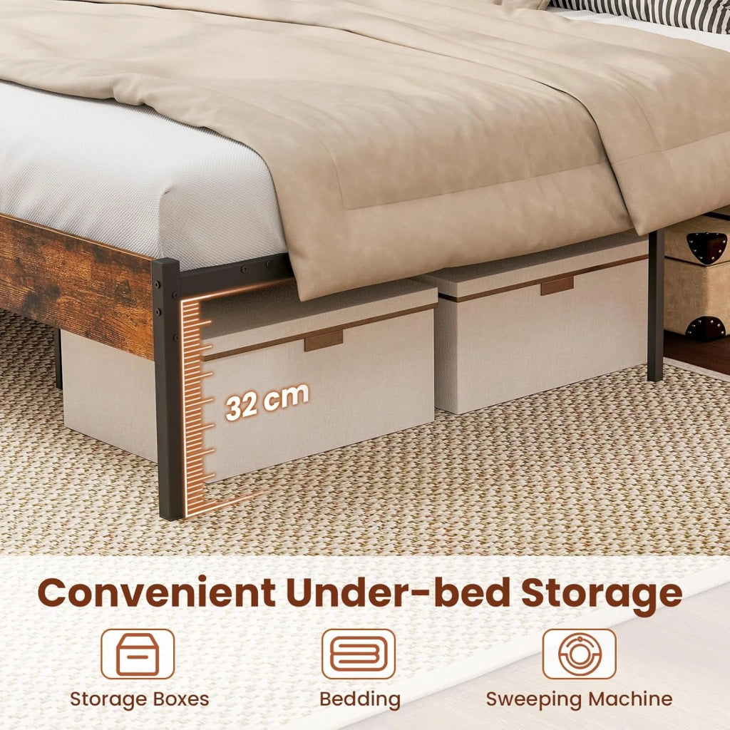 Telaio letto per materasso da 140 x 200 cm, letto in metallo con rete a doghe, letto a piattaforma con testiera, letto matrimoniale industriale in metallo e legno, letto per gli ospiti rustico